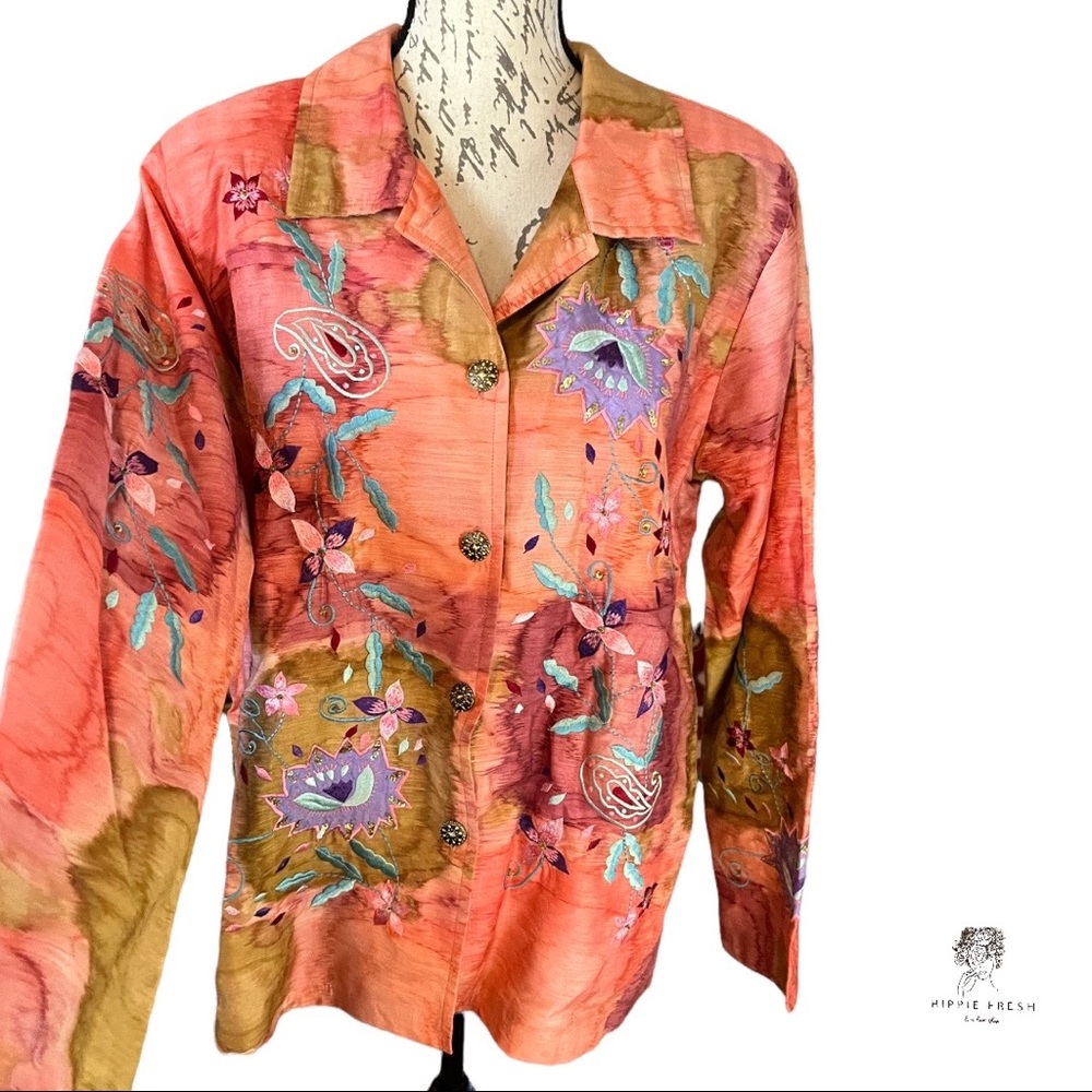 Indigo Moon Artisan Salmon Embroidered Jacket Size XL